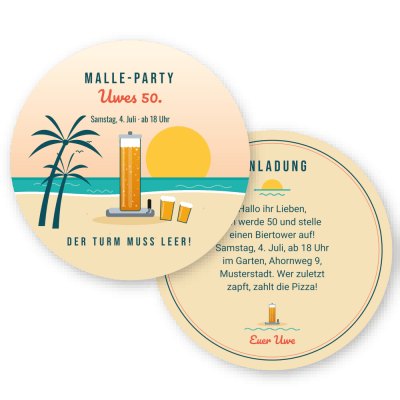 Biertower – Mallorca-Party Bierdeckel Einladung