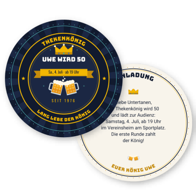 Thekenkönig – Mallorca-Party Bierdeckel Einladung