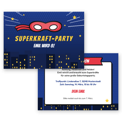 Superkraft – Helden-Party Einladungskarten